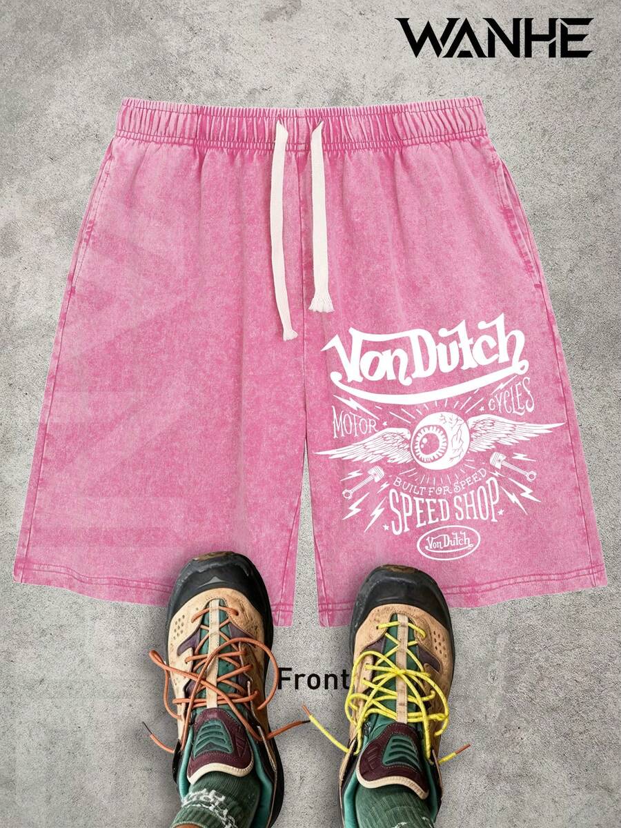 WANHE Men's Washed Shorts / Unisex Style, Couples' Matching Outfit - Ideal Gift For 2026 New Year, Valentine's Day, Romantic Outfits, St. Patrick's Day, Black History Month, Back-To-School Season And Easter-Van Dutch Motor Cycles Speed Shop Printed Washed Shorts For Men Streetwear Casual Summer Outfit  Graphic Design Comfortable Fit Urban Lifestyle Fashion - 玫紅色 - 查看 1