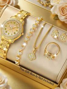 Juego de 6 piezas de relojes de cuarzo de lujo y elegantes para mujer, conjunto de joyería chapada en oro con incrustaciones de diamantes (incluye reloj, pulsera, collar, aretes y anillo) - Dorado - Ver 7