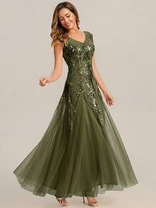 Women's Elegant Formal Dress, Luxury Short Sleeve Olive Green Formal Evening Gown, Black Bow V-Neck Flare Hem Party Dress, Suitable For Wedding Guest, Mother Of The Bride Or Evening Events Spring - Olive Green - View 6