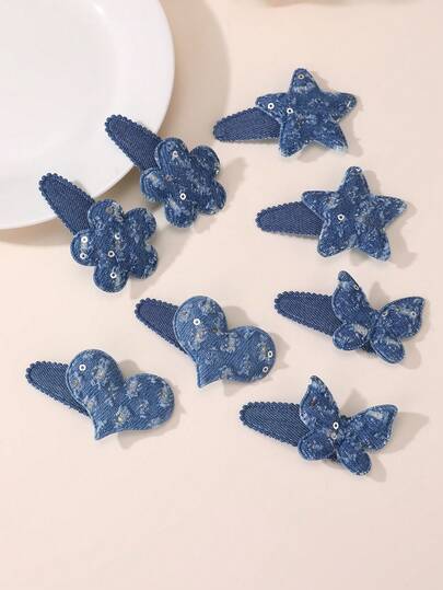 8pcs Women's Fashion Denim Sequin Hair Clips, Blue Tone Butterfly, Star, Heart, Flower Design, Suitable For Daily And Holiday Decoration