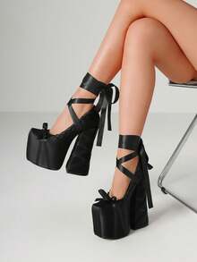Women's Y2K Ballet Chunky High Heels Lolita Pumps Satin Mary Janes Platform Lace-Up Ribbons Wrap Bow Design Goth Sexy Cosplay Pumps Woman - 黑色 - 查看 3