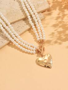1pc Vintage 3-Layer Handmade Beaded Necklace With Hammered Heart Clasp, Versatile Choker Jewelry For Daily Wear, Dates, Parties, Also Suitable As Mother's Day Gift - Multicolor - View 3