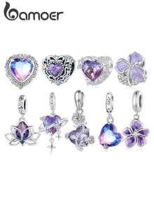 bamoer 1件925纯银莲花心形吊坠,镶嵌紫色锆石水晶,适合女性DIY手链项链饰品,情人节礼物 - 彩色 - 查看 2