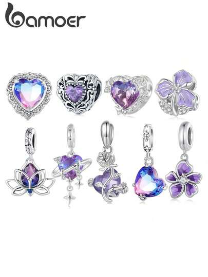 bamoer 1 pieza Colgante con forma de corazón de loto de plata de ley 925 con cristal de circonita púrpura, adecuado para mujeres, pulsera DIY, collar, joyería, regalo del Día de San Valentín
