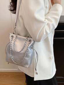 PU Fashionable Women's Shoulder Bag, Adjustable Chain Strap Crossbody Mini Bucket Bag, Suitable For Dates And Shopping - Silver - View 2