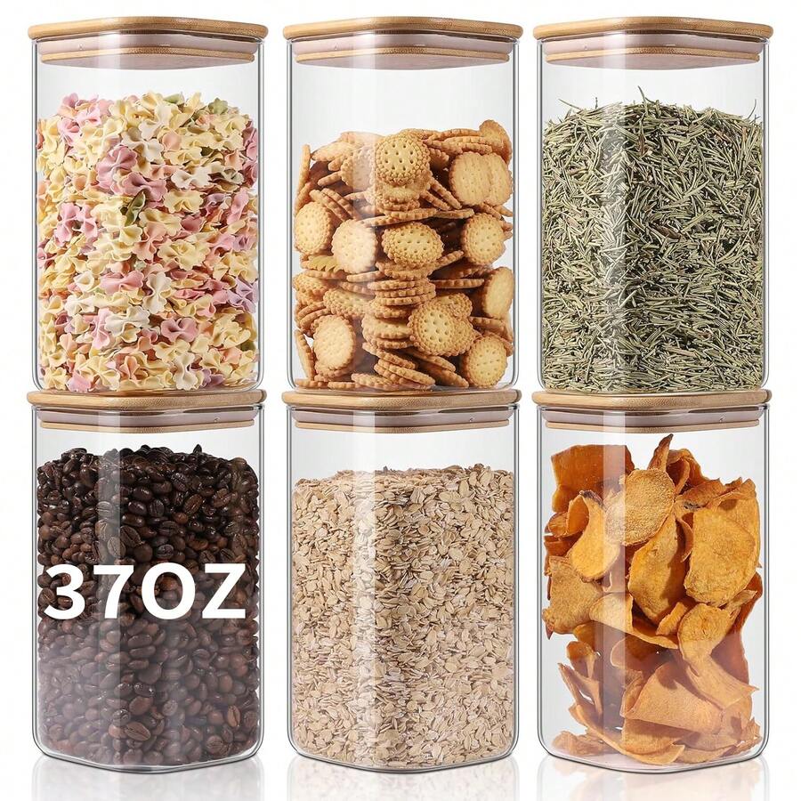 6PCS Glass Storage Jars, 37oz Clear Glass Food Storage Container With Sealed Bamboo Lid Stackable Kitchen Jars For Candy, Biscuits, Rice, Sugar, Flour, Pasta, Nuts & Spice Jars (Square) - 無色 - 查看 1