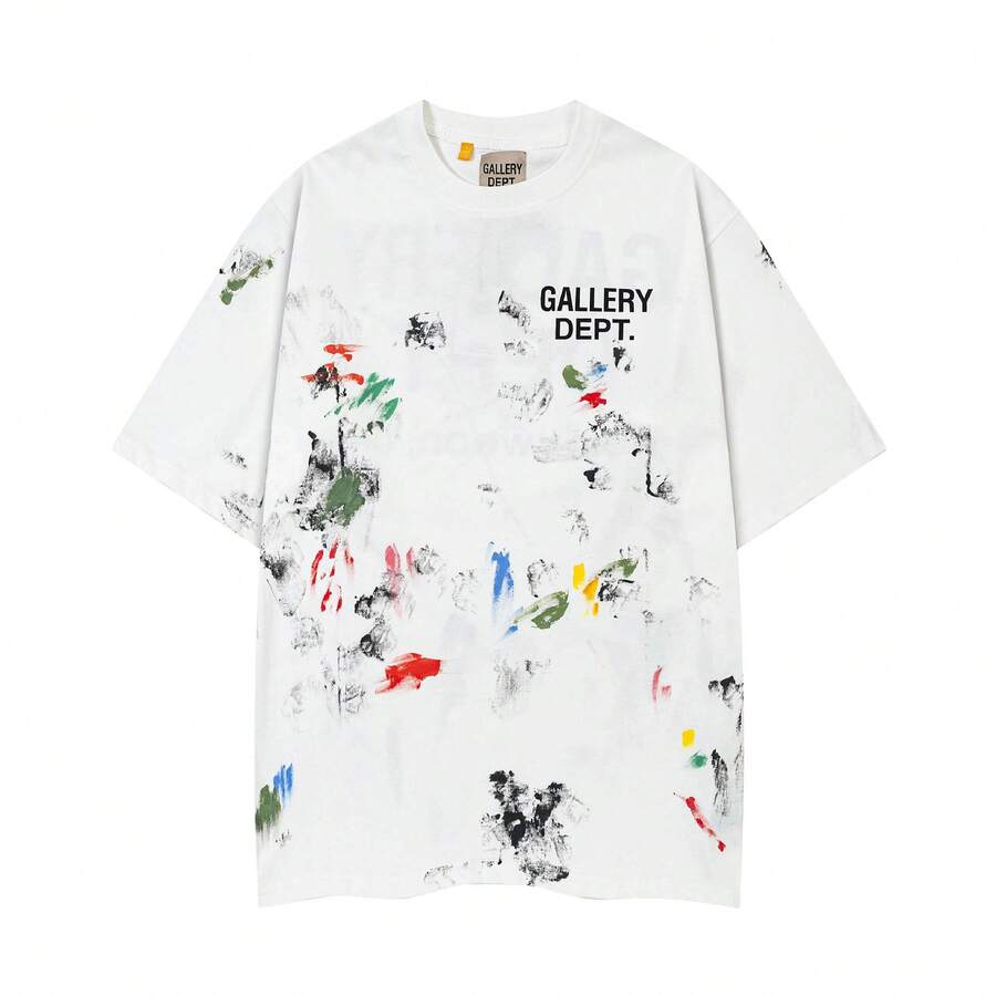 GALLERY Style Hand Painted Splatter Graffiti Print Short Sleeve T-Shirt For Men Women - Y2K Vintage Washed Graphic Tee With Distressed Artwork, High-Street Casual Summer Top - 白色 - 查看 1