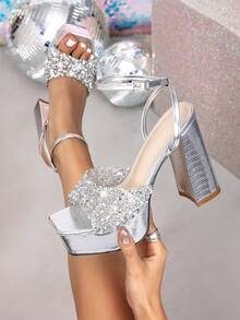 Shiny Silver Rhinestone Thick Sole High Heel Shoes, Strap Chunky Heel Open Toe Sandals, Versatile For Party, Ball, Nightclub - Silver - View 1