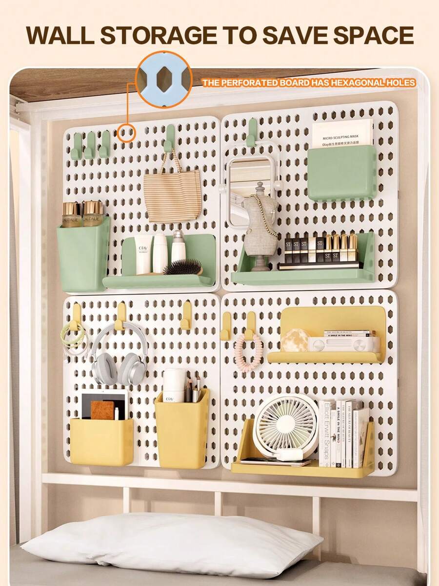 升级加厚免打孔洞板墙面收纳架 - 多功能穿孔板储物架，带挂钩和搁板，节省空间的壁挂式收纳架，适用于宿舍、办公室、教室、厨房、浴室配件、宿舍收纳，趣味设计，耐用挂钩和孔洞，办公收纳，实用装饰，结构坚固，适合上班族使用。 - 彩色 - 查看 1