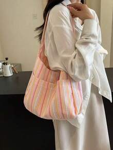 Large Capacity Women's Canvas Tote Bag, Shoulder Bag, Casual Striped Fabric Handbag, Pink - Pink - View 8
