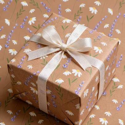 1 Roll Natural Daisy And Lavender Gift Wrapping Paper - 43cm X 3m (17" X 118"), Suitable For Floral Gift Wrapping For Birthday, Wedding, Party, Wholesale Packaging And Various Occasions