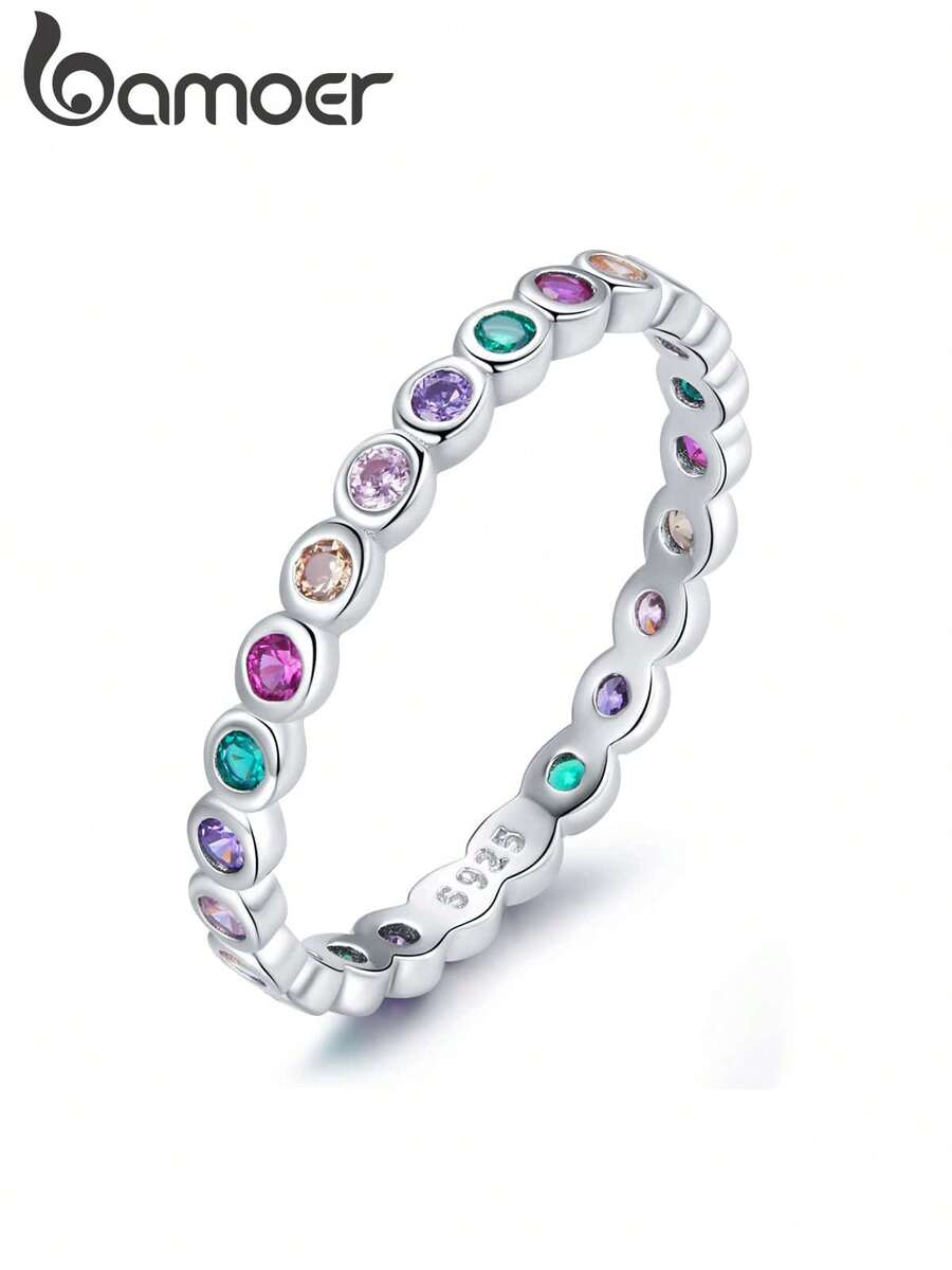 Anillos apilables de plata de ley 925 BAMOER con arcoíris, joyas de moda con circonita cúbica colorida como regalo para mujeres