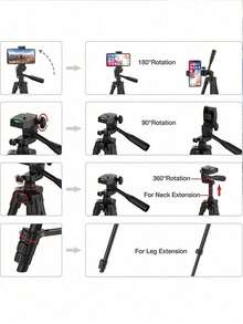 1pc Portable Camera & Phone Tripod Stand, Adjustable Aluminum Alloy For Photography, Selfie, Live Streaming, Compatible With IPhone, And Other Smartphones - Black - View 7