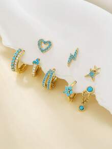 S925纯银心形锆石耳钉和耳环套装，百搭女士首饰 - 彩色 - 查看 3