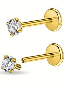 16G Stainless Steel Internally Threaded Zirconia Stud Earrings, Suitable For Ear Cartilage/Nose/Ear Rim/Lip Piercing - Ear Cartilage Earrings, Unisex, 2pcs/Set - Multicolor - View 17