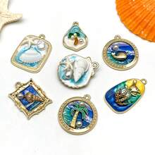 2/7件套珐琅蓝色海洋海星贝壳沙滩吊坠，法式复古精致镀金沙滩风吊坠，可DIY项链、耳环、钥匙扣等配饰 - 彩色 - 查看 6