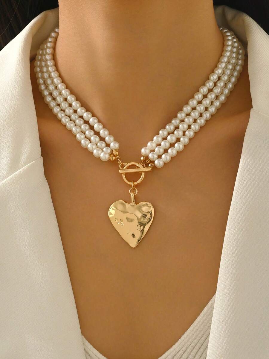 1pc Vintage 3-Layer Handmade Beaded Necklace With Hammered Heart Clasp, Versatile Choker Jewelry For Daily Wear, Dates, Parties, Also Suitable As Mother's Day Gift - Multicolor - View 1