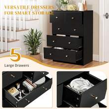 Black 5 Drawer Dresser For Bedroom, Modern Wood Dresser Chest Of Drawers, Pink Bedroom Dressers Nightstand For Girls, Anti-Tipping Device, Rose Gold Metal Handle, Living Room, Hallway, Office - màu đen - Xem 1
