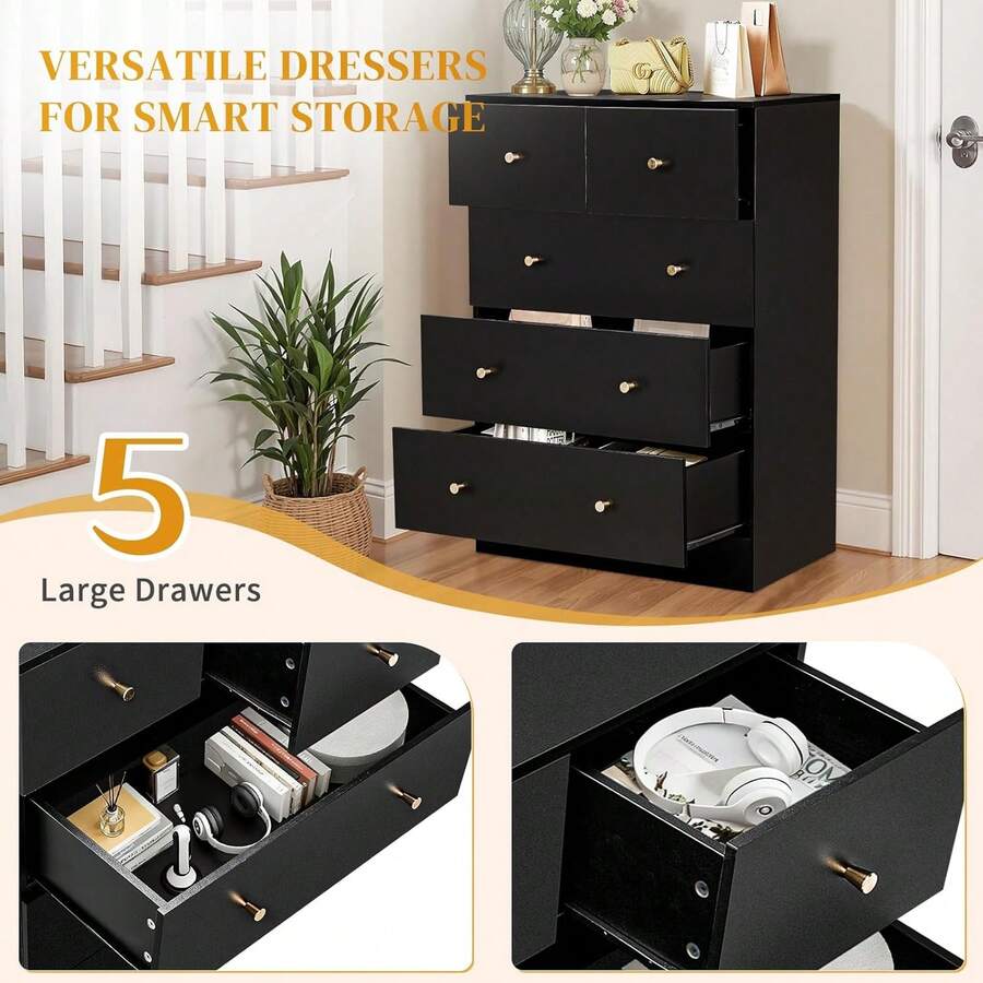 Black 5 Drawer Dresser For Bedroom, Modern Wood Dresser Chest Of Drawers, Pink Bedroom Dressers Nightstand For Girls, Anti-Tipping Device, Rose Gold Metal Handle, Living Room, Hallway, Office - màu đen - Xem 1