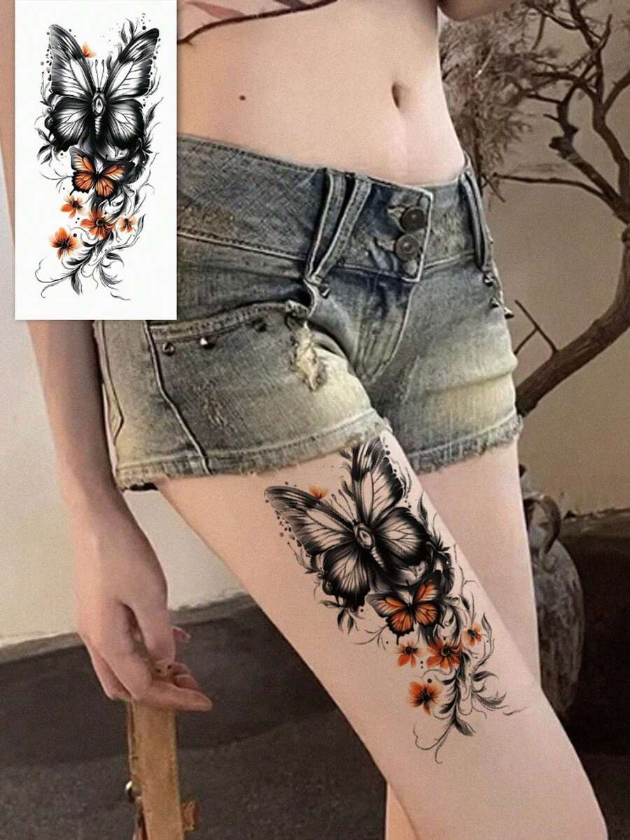 1pc Fashionable Butterfly & Flower Design Temporary Tattoo, Floral Print, Butterfly Pattern Temporary Tattoo Sticker, Unisex Body Art Tattoo, Waterproof Sweatproof Suitable For Arms, Hands, Abdomen And Feet - , Easy To Apply And Remove, Lasts 7-14 Days, Beach Party Accessory Sticker DIY Gift - Multicolor - View 1