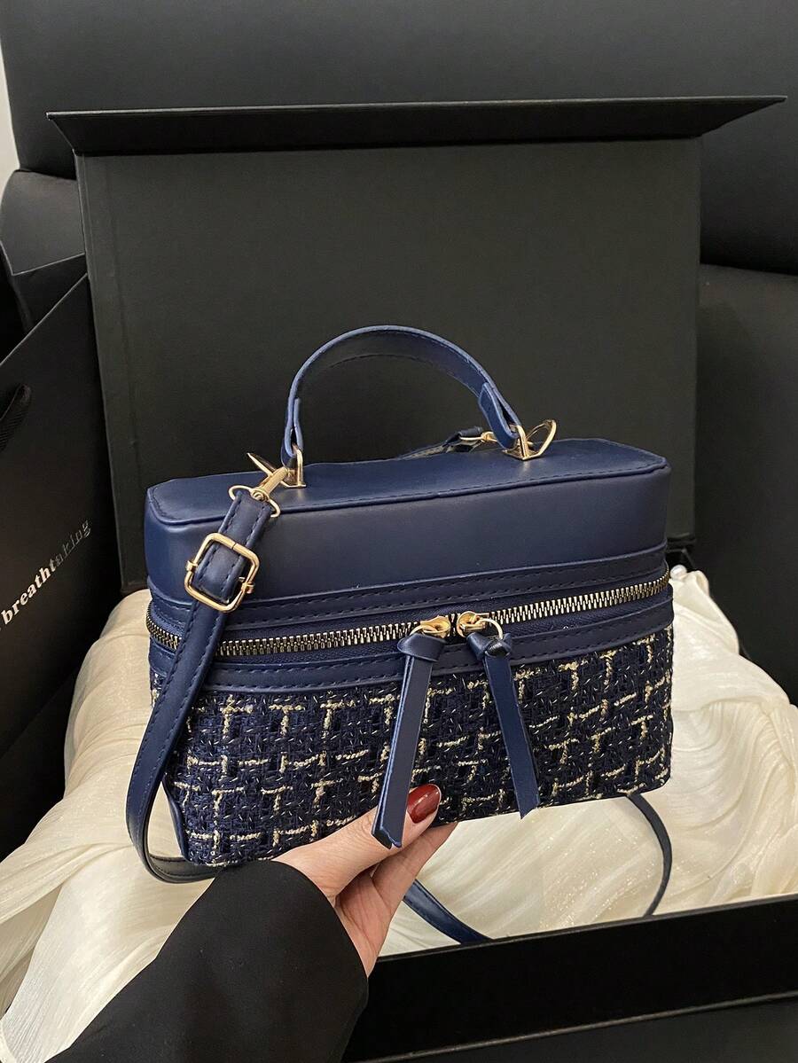 女士羊毛复古手提包/盒子包，新款时尚格子通勤单肩斜挎包 - 藍色 - 查看 1