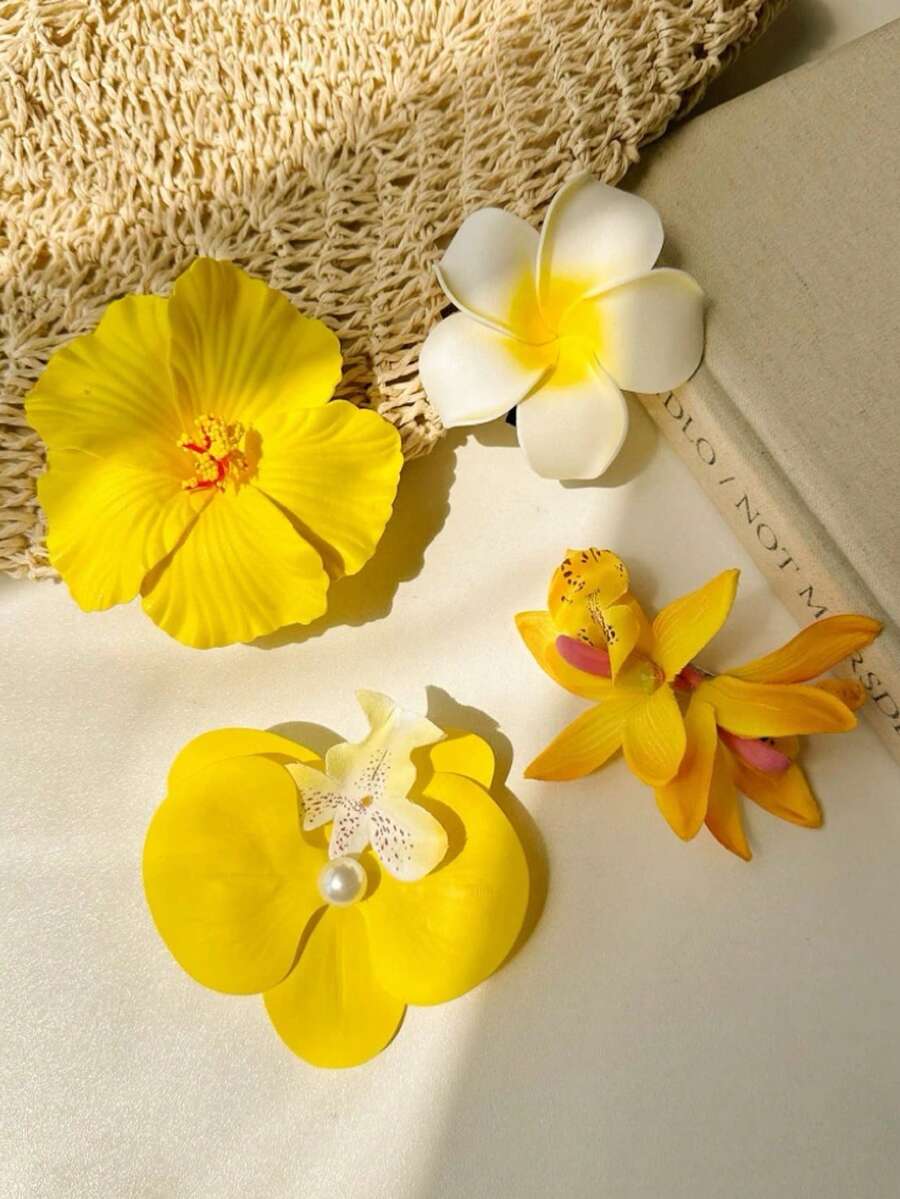 4件套女士沙滩度假芙蓉莲花发夹，采用优质材料制成，饰以黄色和红色花朵，适合固定碎发和刘海，甜美时尚的波西米亚风格，适合日常佩戴、节日庆典、派对、海滩旅行，是送给女孩的绝佳礼物配饰。