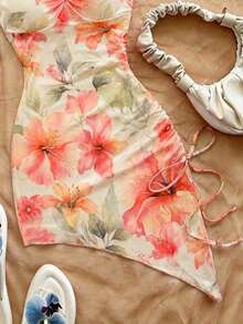 Robe mini bohème à imprimé floral sans manches avec bretelles spaghetti pour femmes, robe moulante sans manches avec cordon de serrage et fente à l'ourlet, style vacances élégant d'été - Multicolore - Voir 5