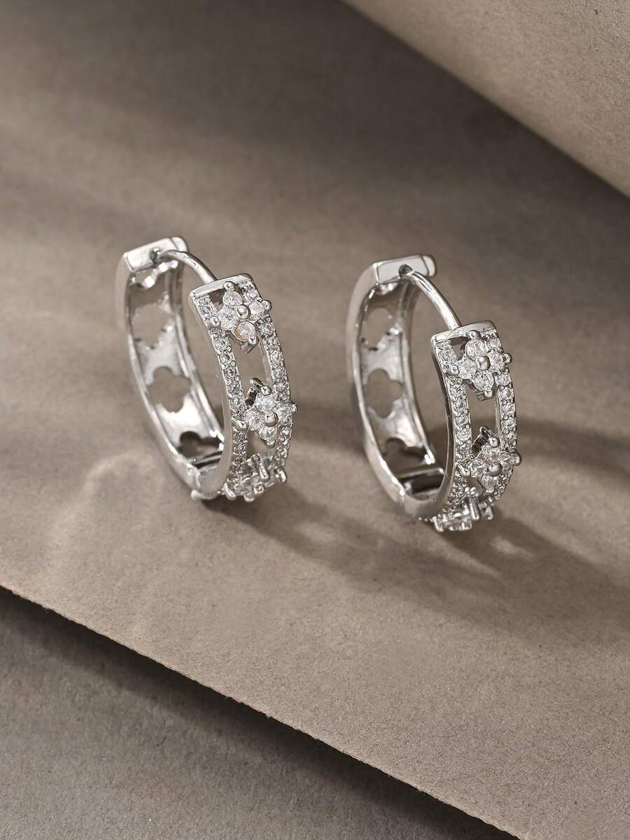 1 Pair Silver Earrings, Fashionable Elegant Minimalist Luxury 925 Sterling Silver & Copper Cubic Zirconia Pendant Earrings, Suitable For Women's Daily Wear - Silver - View 1