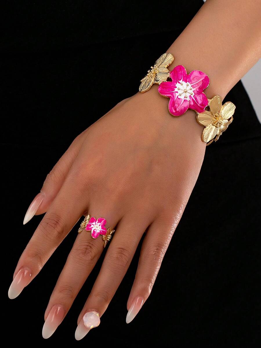 一套（1个金手镯和1个厚戒指）欧美复古时尚金色花卉手镯和厚花卉戒指组合套装，时尚清爽，夏季超持久不褪色厚手镯和厚戒指套装，适合女性日常佩戴、各种节日、社交聚会、活动（珐琅釉为手工绘制，因此图案大小和形状可能略有不同） - 玫紅色 - 查看 1