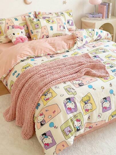  Sanrio 3pcs Duvet Cover Set - 1 Duvet Cover + 2 Pillowcases (No Filling), Cute Cartoon Full Size, Soft & Comfortable, Suitable For Dorm, Home Bedroom, Hotel, All Seasons, With Zipper Closure And Pillowcases, Multi-Color Durable, Extra Large Bedding Set, Extra Large Duvet Cover
