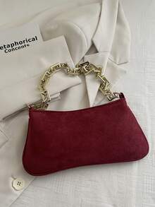 Gold Color Large Chain Soft Baguette Bag - Burgundy - View 2