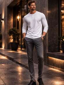 Men's Henley Shirt Long Sleeve Premium Cotton Slim Cold Weather Blouse Traditional Plain T-Shirt Casual Day To Day - trắng - Xem 2