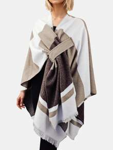 1 chiếc khăn choàng thời trang nữ thiết kế hai mặt, khăn choàng cardigan giả cashmere dày dặn, ấm áp, kẻ sọc, có khuy cài, áo khoác ngoài dệt kim thoải mái, thích hợp cho đi làm, du lịch, phụ kiện ngoài trời. - kaki nâu - Xem 3