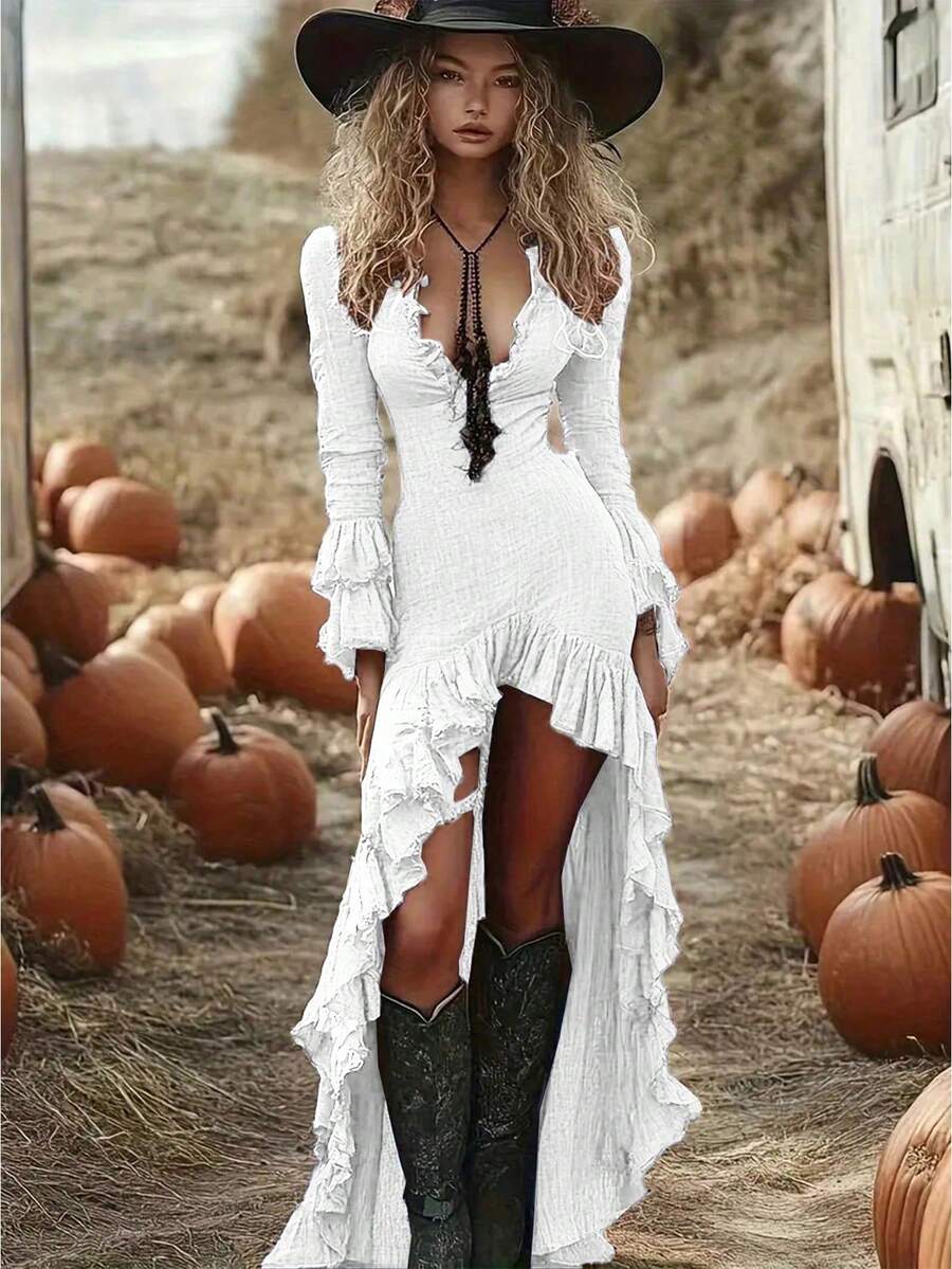Women's Vintage Blue Ruffle Hem Dress - Long Sleeves V-Neck, Asymmetrical Detailing, Casual To Dressy, Bohemian Style, Bohemian Dress | Vintage Style Dress, Women's Evening Maxi Dress For Party, Dance, Concert, Holiday, Fashionable And Elegant Western Style - trắng - Xem 1