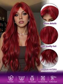 30" Machine Made Bright Red Wig Body Wave Wig, High Temp Fiber Voluminous Wig With Adjustable Stretchy Cap For Cosplay & Festival - Red - View 7