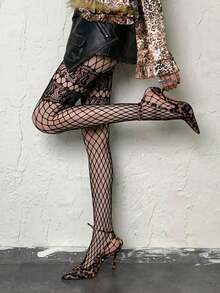 1双女士拼接细网眼连裤袜，春夏蕾丝镂空网眼黑色长筒袜，菱形条纹JK透气网眼，修身性感紧身袜 - 彩色 - 查看 4