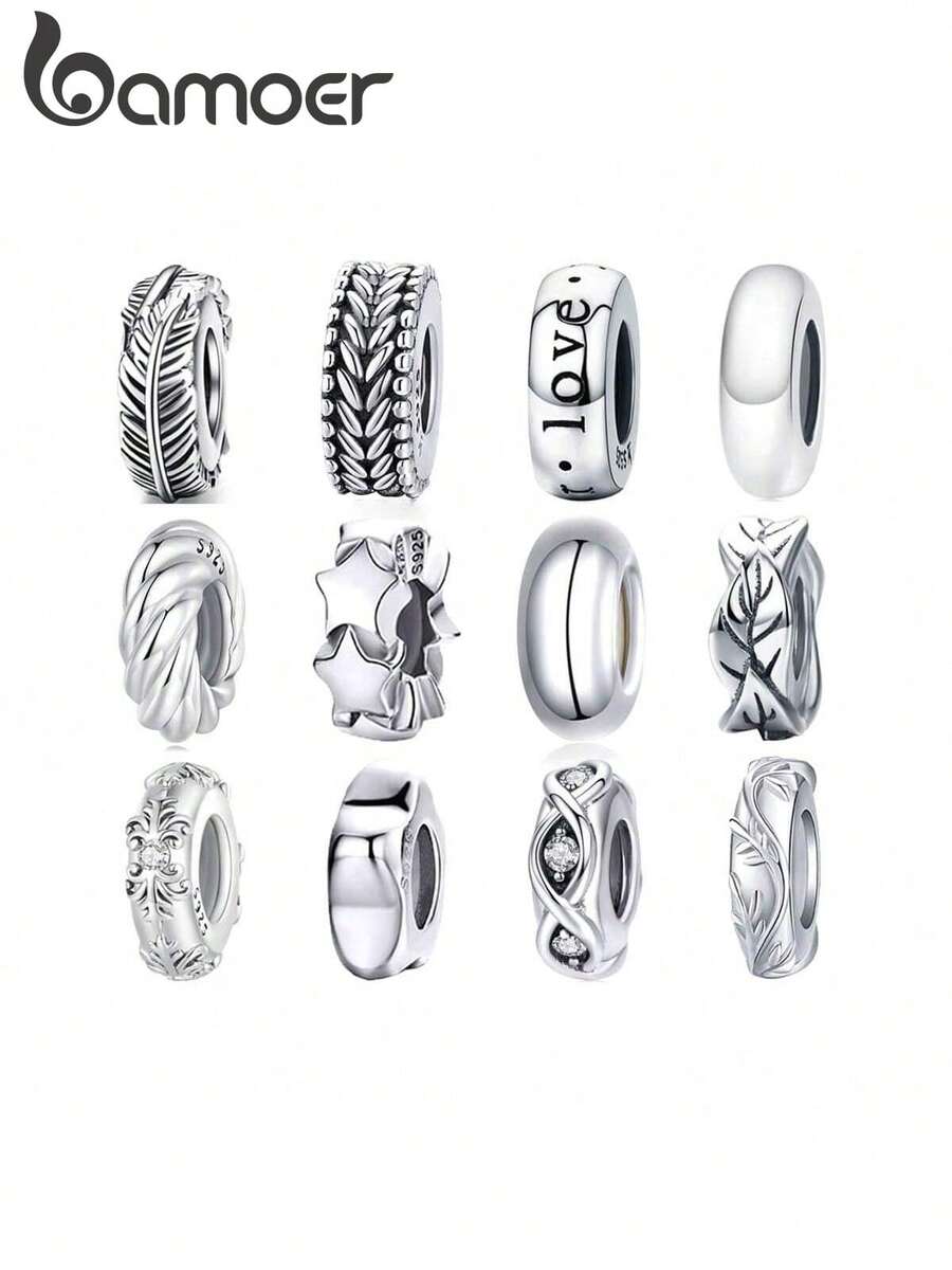 bamoer 1pc 925 Sterling Silver Silicone Spacer Bead, Minimalist Feather Design, Suitable For DIY Women/Girls Bracelet And Necklace Jewelry - Silver - View 1