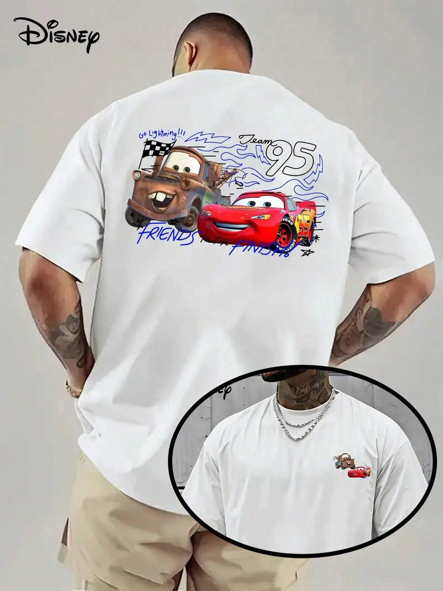 Disney Official Licensed Lightning McQueen & Mater Team 95 Friends Print 220g Cotton Crew Neck Unisex Tee - 白色 - 查看 1