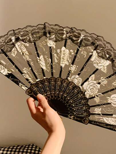 5pcs/10pcs Rose Lace Folding Fans, Vintage Elegant Design, Foldable For Easy Carrying, Suitable For Outdoor Performance, Party, Spanish Wedding Party, Multi-Color Options, Wedding Favors, DIY Hand-Painted Paper Fans, Vintage Lace Hand Fans For Stage Performance, Party Decor, Masquerade