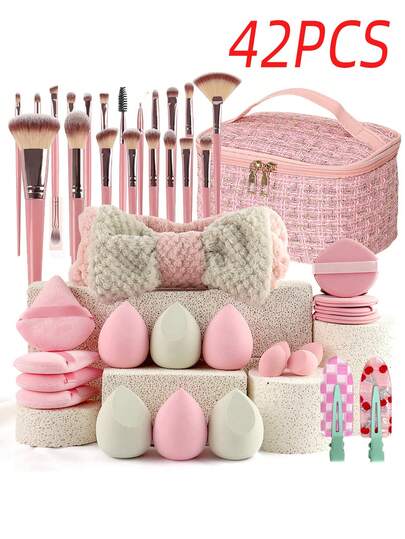 42pcs Pink Makeup Brush Set With Travel Case | Soft Synthetic Bristles, Sponge, Hair Clips | Ideal For Beginners And Professionals, Portable Cosmetic Tools, Perfect Gift For Women