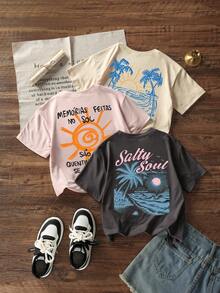 3件套少女学生休闲印花圆领短袖T恤，夏季上衣 - 彩色 - 查看 2