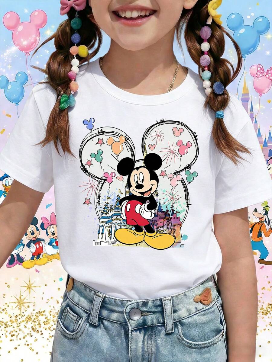 Disney Mickey Mouse Magic Castle Balloons Sketch Printed Pattern T-Shirts For Girls - Children's Clothing Design Short-Sleeved Casual And Cute Style Comfortable And Casual Wear All Year Round Suitable For Parties And Play Machine Washable Gift Children's Clothing Girls' Short-Sleeved Shirts - 白色 - 查看 1