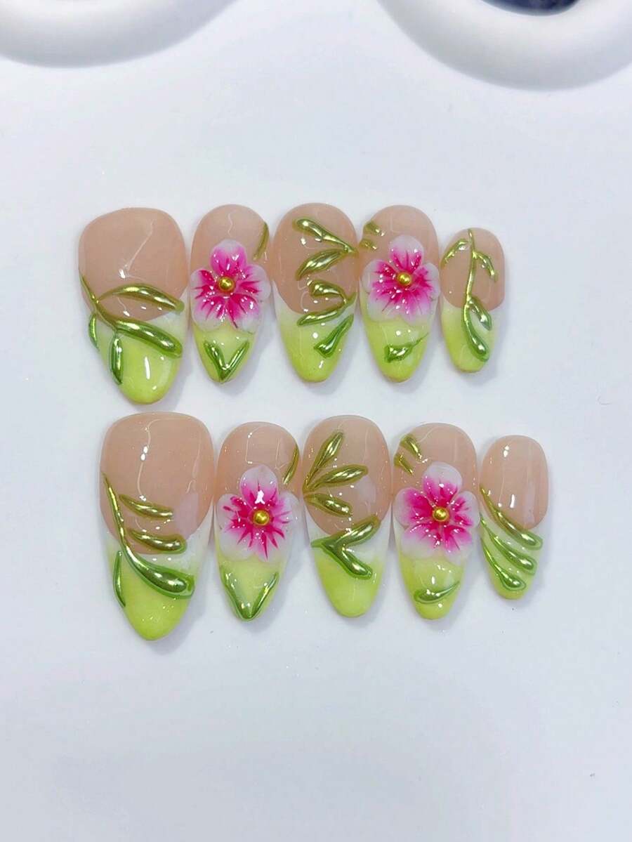 10片Y2K风格短款杏仁形手工按压式美甲贴片，3D粉色花朵搭配金属绿叶，清新渐变绿色法式夏季美甲套装；美甲用品，自制美甲，DIY按压式美甲贴片，美甲艺术，亚克力假指甲；适合派对、日常佩戴、婚礼；送给女性和女孩的绝佳礼物；包含1片果冻胶和1个迷你指甲锉。 - 綠色 - 查看 1