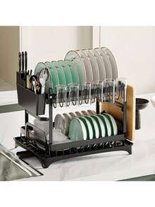 双层厨房碗碟晾干架，带沥水板，金属材质，节省空间，带餐具和杯架 - 查看 4