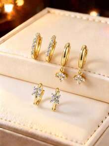 1对/3对 时尚优雅铜镀18K金立方氧化锆圆形四叶草耳环，四叶草吊坠耳环，女士日常佩戴，节日及生日礼物 - 金黃色 - 查看 1