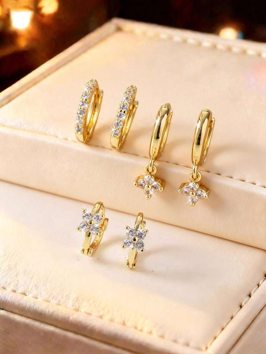 1对/3对 时尚优雅铜镀18K金立方氧化锆圆形四叶草耳环，四叶草吊坠耳环，女士日常佩戴，节日及生日礼物 - 金黃色 - 查看 1