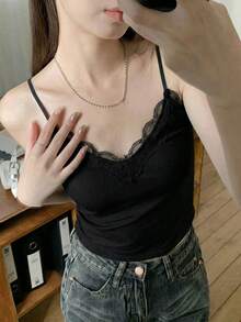 法式蕾丝吊带背心，带衬垫胸部，性感内衣，女士春夏休闲黑色 - 黑色 - 查看 3