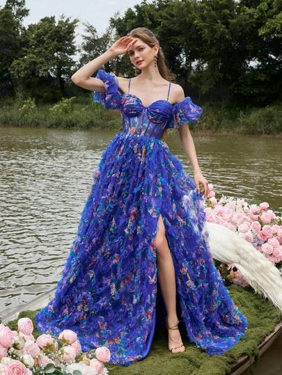 Faeriesty Elegante vestido floral de una sola manga con diseño de abertura alta, espalda en V profunda con lazo, falda de múltiples capas de gasa, adecuado para fotografía a la orilla del lago, sesión fotográfica en jardín romántico, retrato de novia, sesión fotográfica con tema de cisne y fotografía de estilo natural para fiesta de vacaciones