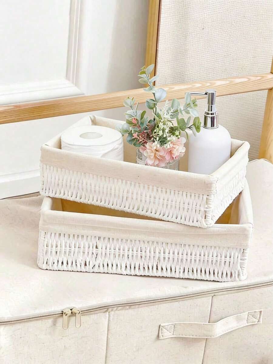 手工编织藤编收纳篮，适用于浴室、卧室、客厅、办公室，可作装饰收纳篮，亦可作为万圣节和圣诞节礼物。 - 白色 - 查看 1