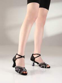 Professional Latin Dance Shoes For Women Rhinestone Block Heel Sandals - Black - View 2